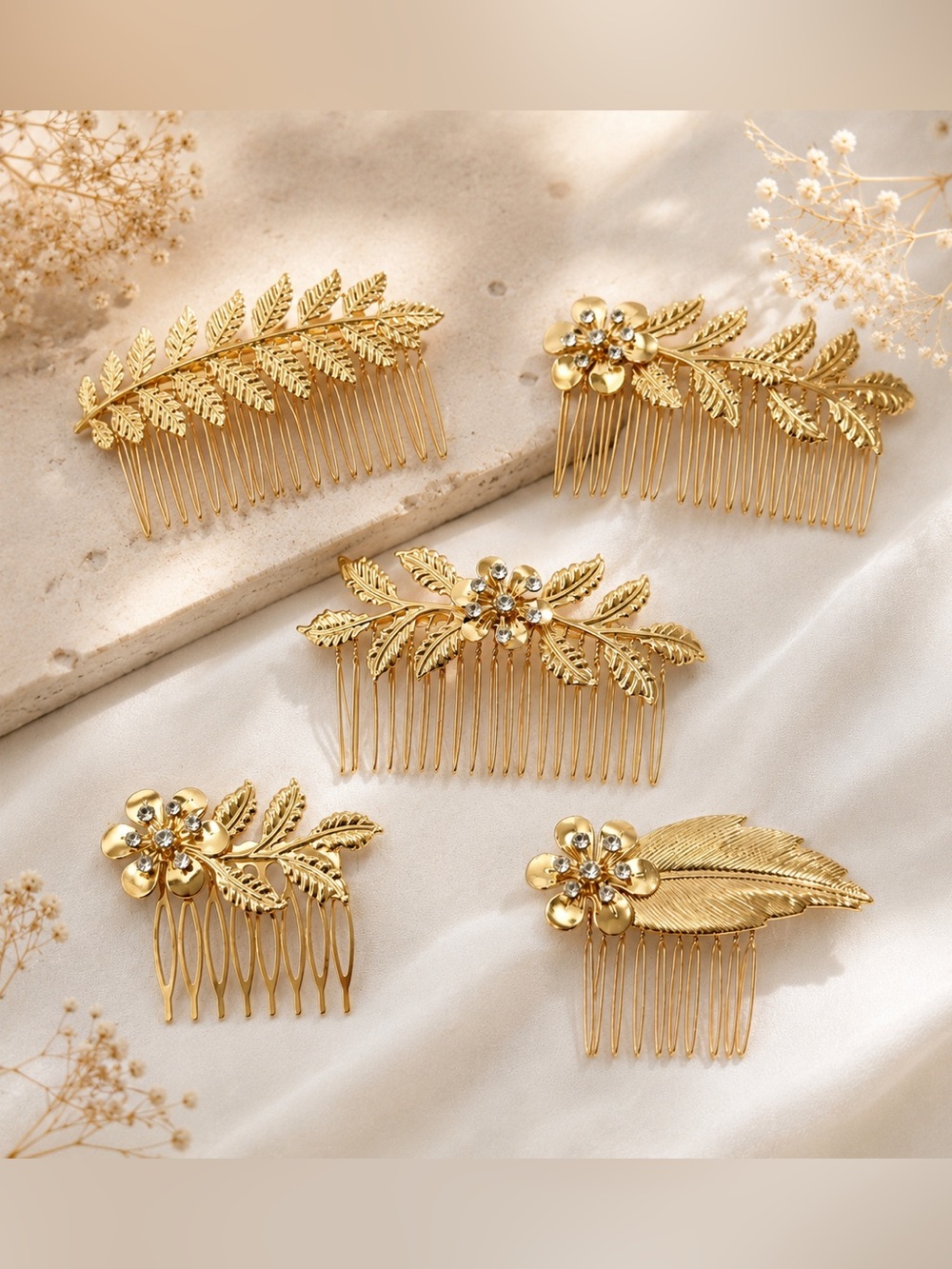 Gold Floral Leaf Decorative Hair Comb - Women Accessories - Picture 1 of 9